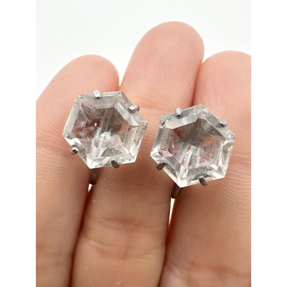Vintage Japan Natural Quartz Earrings Hexagon Screw Back